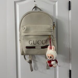 Gucci Off White Leather Logo Print Backpack